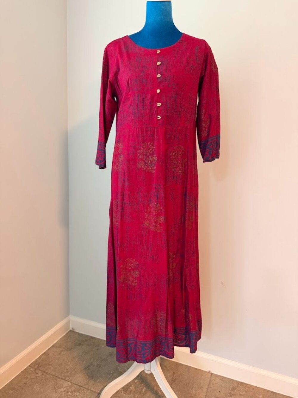 Pink Cotton Maxi Dress Purple Gold Print Loop Detail